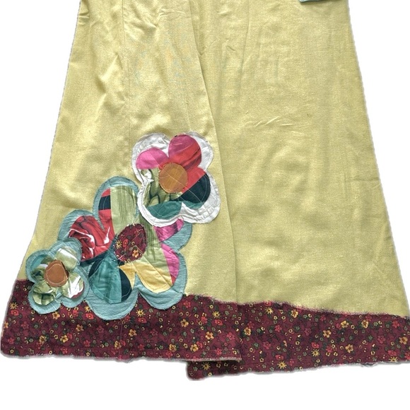 Boho Mustard Linen Jumpsuit S/M | Handmade Floral Patch Wide Leg Hippie Overall - Picture 13 of 15